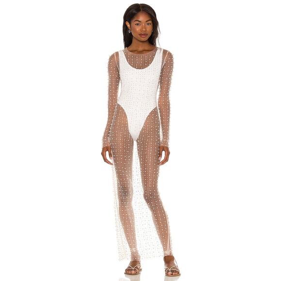 Beach Bunny Champagne Nights Mesh Dress Embellished Evening Statement Nude Sz L - Picture 2 of 13